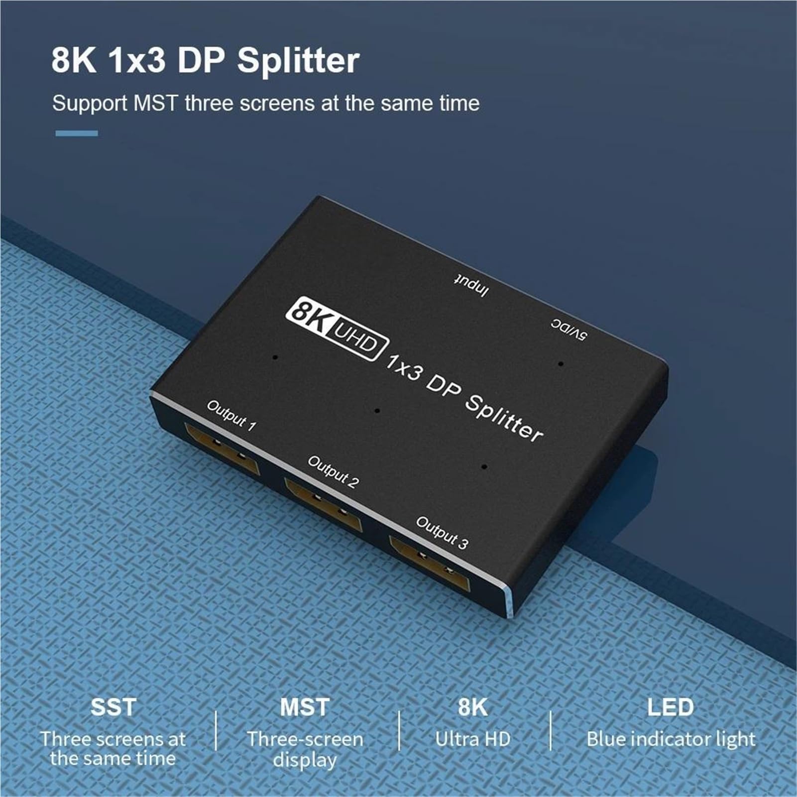 Répartiteur DisplayPort 1x3 8K@60Hz 4K/120Hz DP1.4 Triple Moniteur Extension/Miroir Multi Display Hub Amplificateur Fonction Efficace