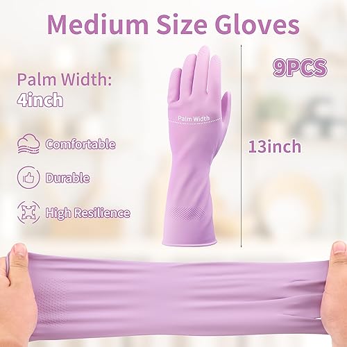 Miniatura 2 de Guantes para lavar platos, 9 pares de guantes de cocina medianos reutilizables, de látex natural resistentes al desgaste con palma antideslizante,
