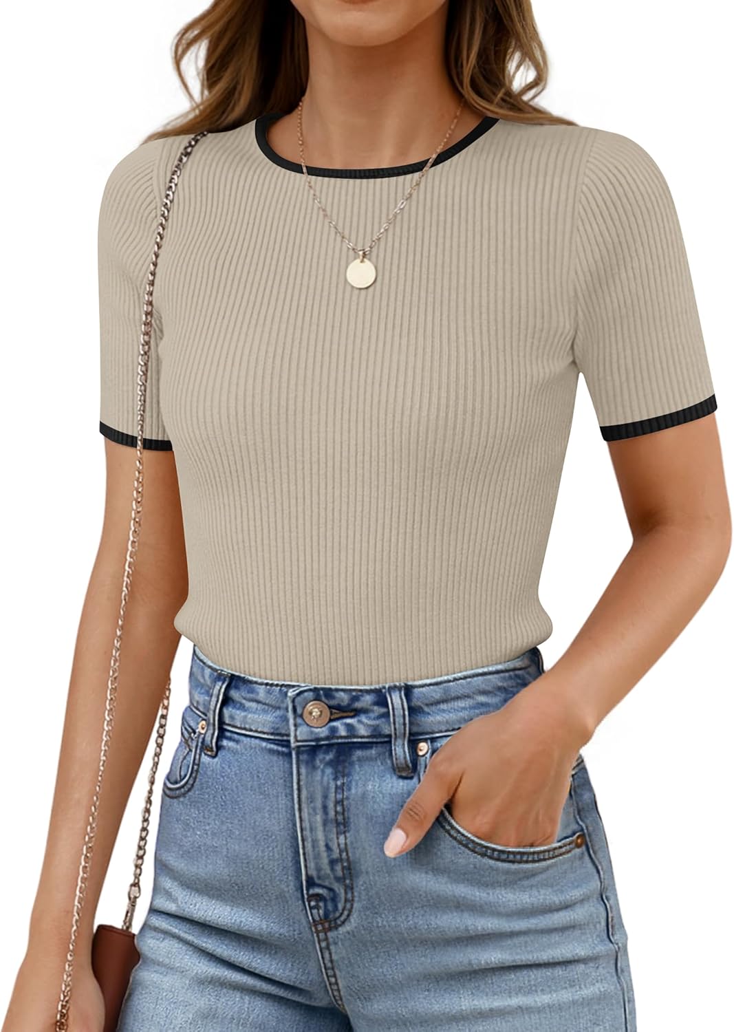 ZESICA Women's Summer Short Sleeve Ribbed Knit Slim Fit T Shirt 2026 Crewneck Basic Casual Color Block Tee Tops