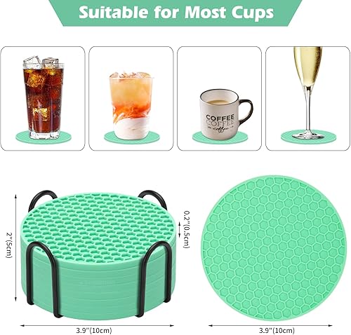 Miniatura 2 de Juego de 8 posavasos de silicona con soporte, posavasos para bebidas, cerveza, café, adecuados para tipos de tazas, calientes o fríos,