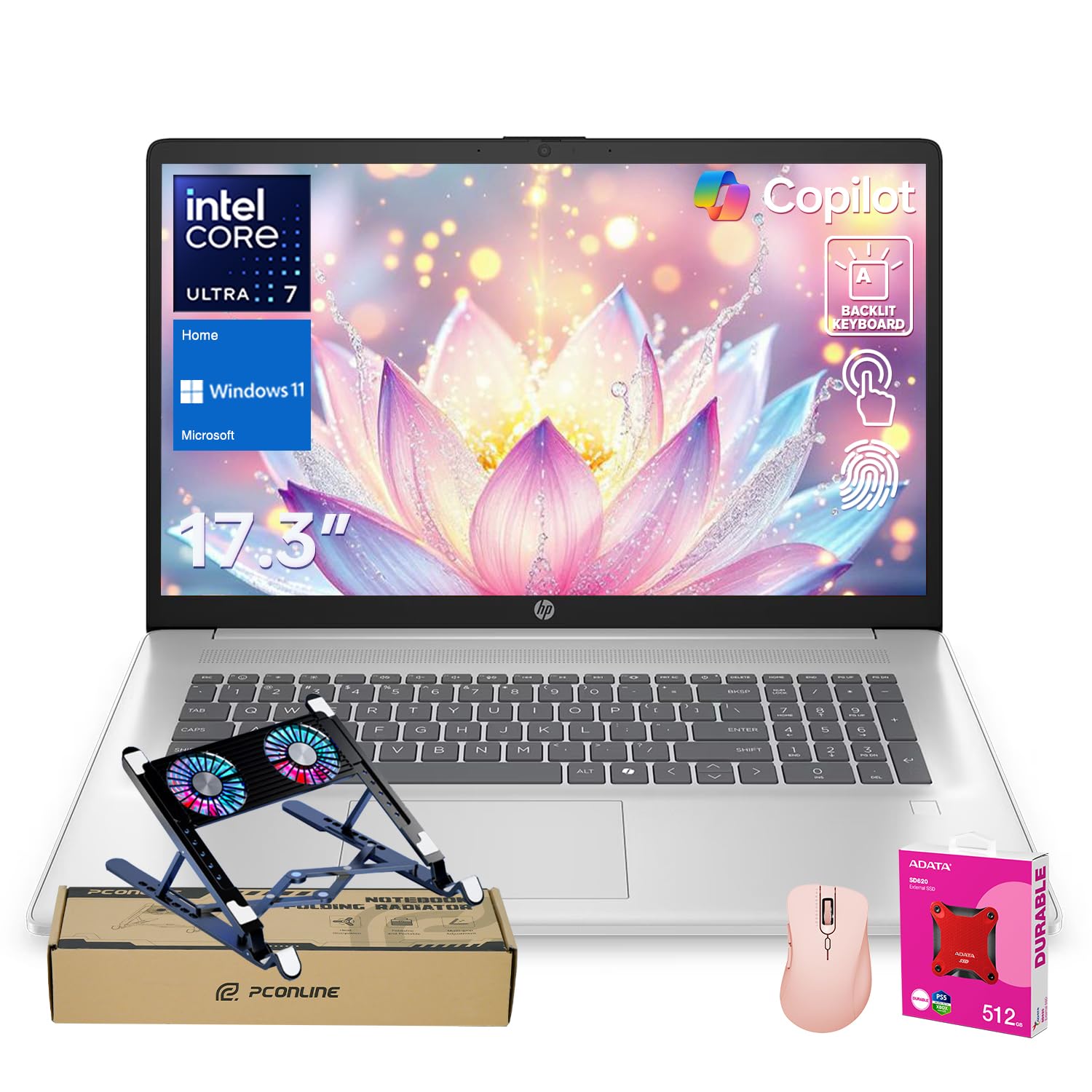 HP Business Copliot AI Laptop PC, 17.3" HD+ Touchscreen, Ultra 7 255U, 64GB DDR5 RAM, 4TB SSD, Wi-Fi 6, W11H, Backlit, Bundle with PCO Laptop Cooler & 512GB External SSD & Thunderobot Wireless Mouse