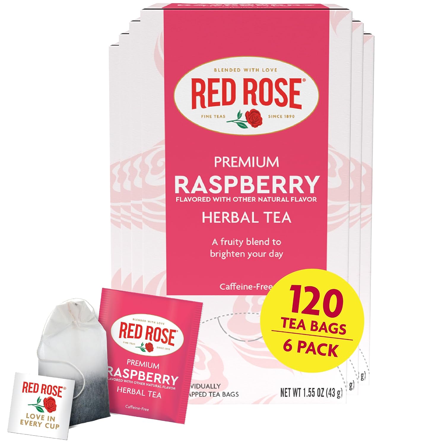Red Rose Raspberry Herbal Tea Refreshing & Fruity Brewed Naturally Flavored Tea with 20 Individually Wrapped Tea Bags Per Box (Pack of 6) Caffeine Free Brew Hot