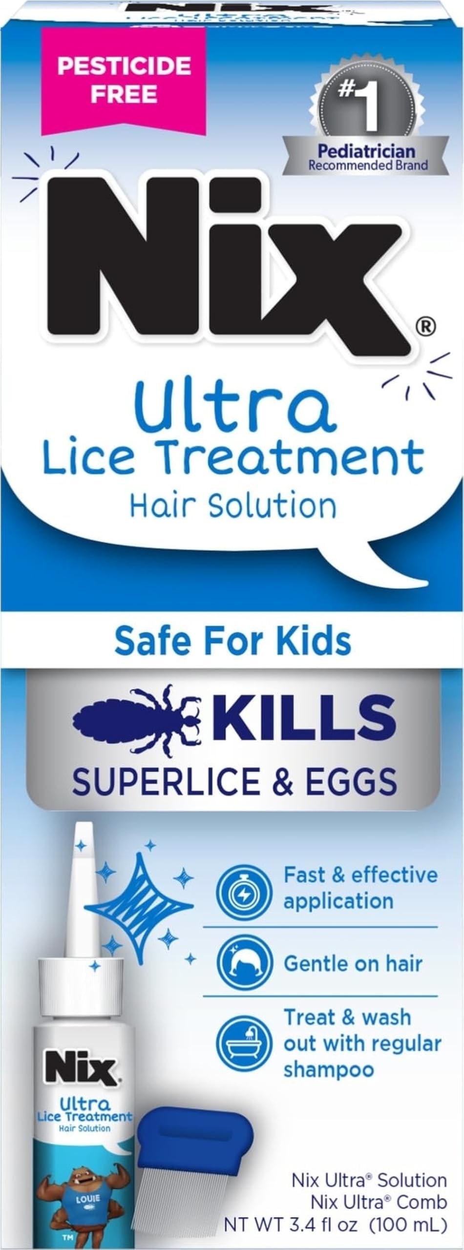 Ultra Lice Treatment Hair Solution & Lice Comb, 3.4 Fl Oz | One-Step Treatment Removes Lice, Pesticide-Free, Kills Superlice, Removes Lice in 10 Min, Safe for Ages 2+