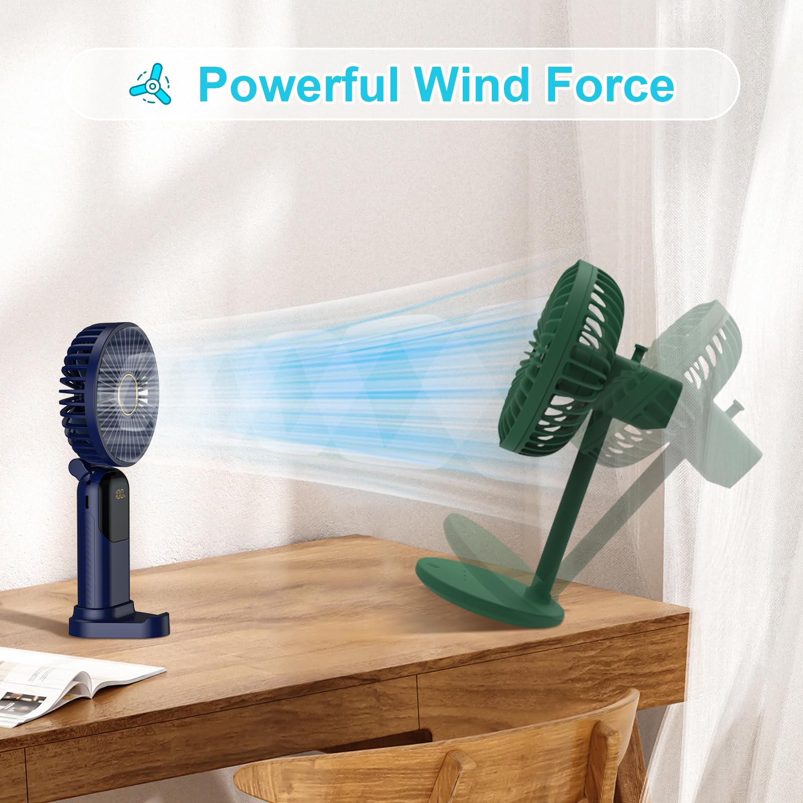GIACOMO Mini Ventilatore Portatile,Ventilatore Portatile USB Ricaricabile，Ventilatore a Mano con 5 Livelli di Velocità, Batteria da 5000 mAh, Ventilatore Pieghevole per Ufficio, All'aperto（Blu）