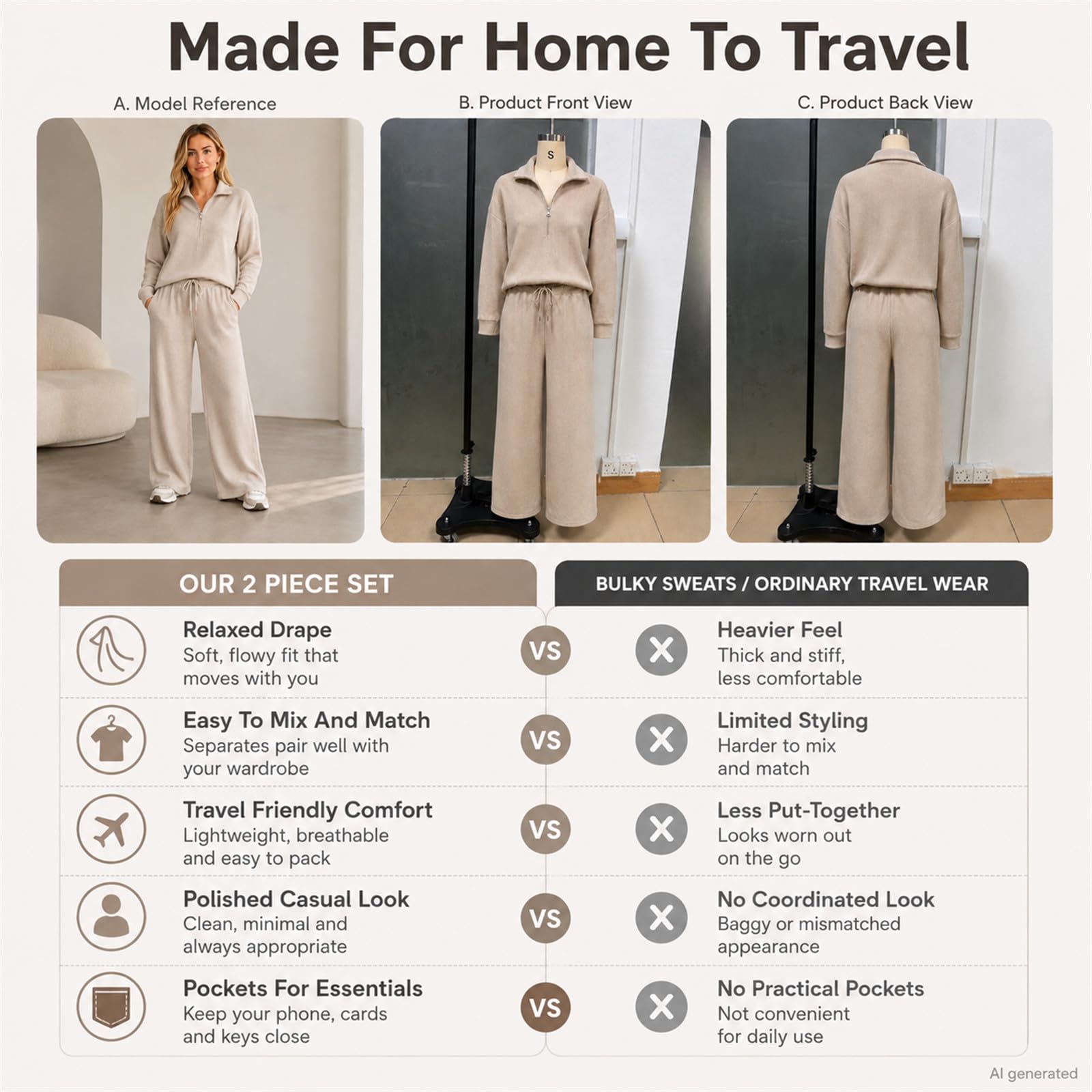Set da salotto da donna in 2 pezzi, con mezza zip, pantaloni a gamba larga | 90% poliestere, 10% spandex, morbido al tatto a costine, drappeggio rilassato, coulisse in vita, tasche laterali