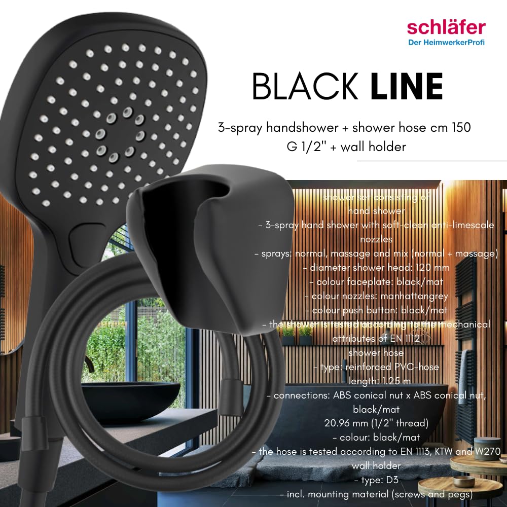 Schläfer 1303500 | Alcachofa de ducha cuadrada con tubo negro mate, juego de alcachofa de ducha con flexible y soporte, alcachofa de ducha universal multichorro cuadrada alta presión, ducha con botón