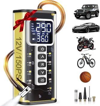 Tire Inflator Portable Air Compressor, 150 PSI Air Compressor for Car Tires, Portable Tire Inflator for Car with Pressure Gauge, Tire Pump for Cars, Bike, Motorcycle, Ball,Valentines Day Gifts for Him