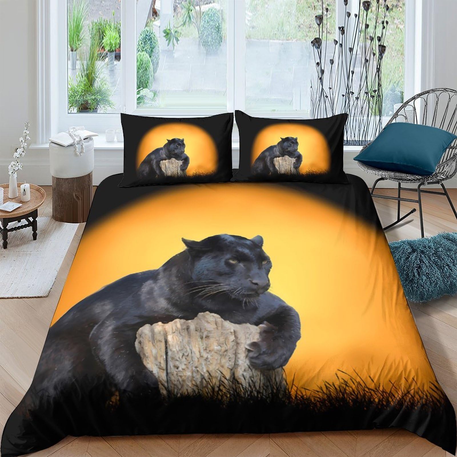 GPLZQXKJNH 3D Printed Black Panther Duvet Cover Microfiber Soft Breathable Sunset Bedding Set with 2 Pillowcases for Bedroom Decor Single（135x200cm）