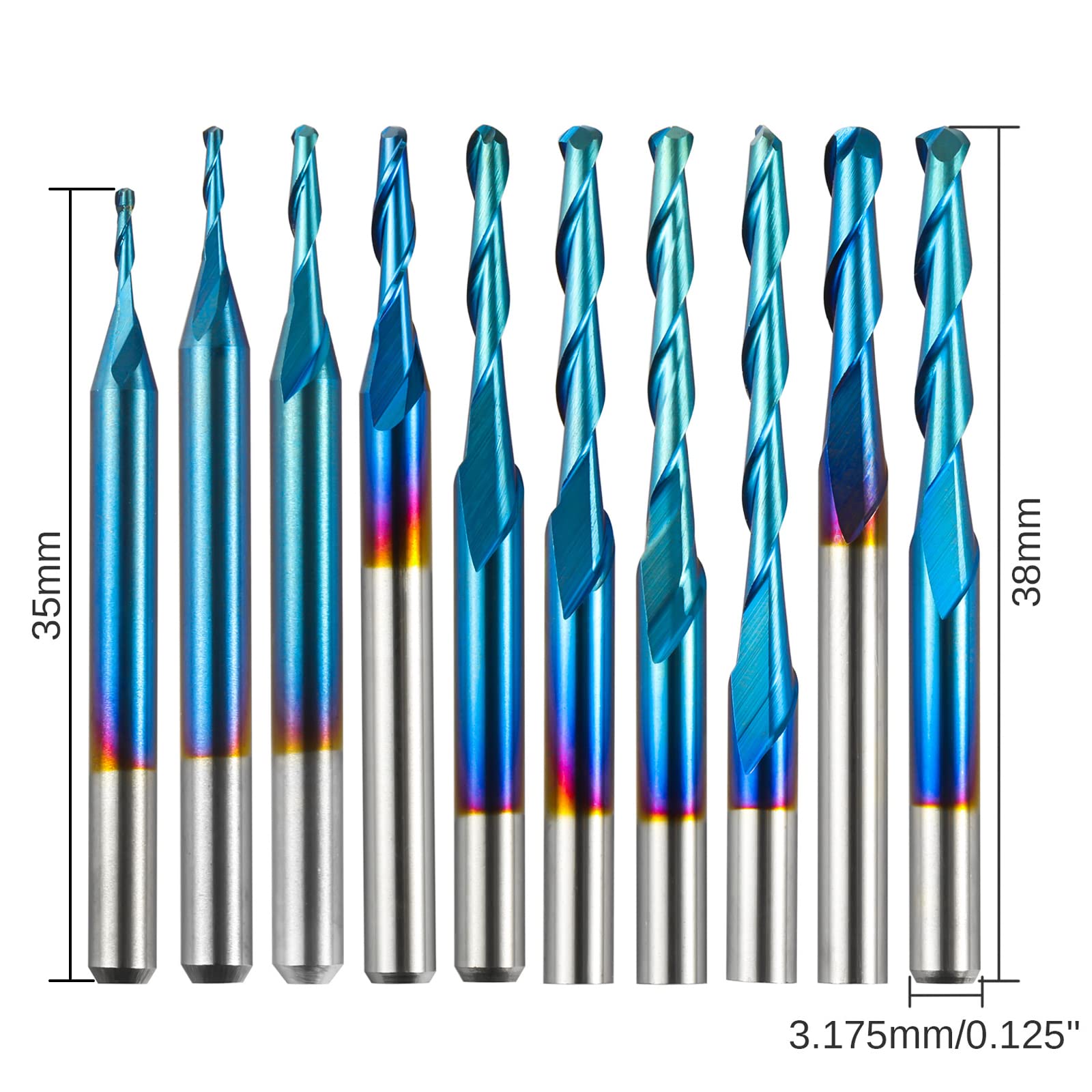 Genmitsu 10 Stück 2-flöte Nano Blue Coat Kugelnase Spiralfräser, 1/8 Zoll Schaft, 0,8 mm - 2,5 mm Schnittdurchmesser, CNC-Frässtifte für Holzbearbeitung, Acryl, MDF, PVC, ABS, BN10A