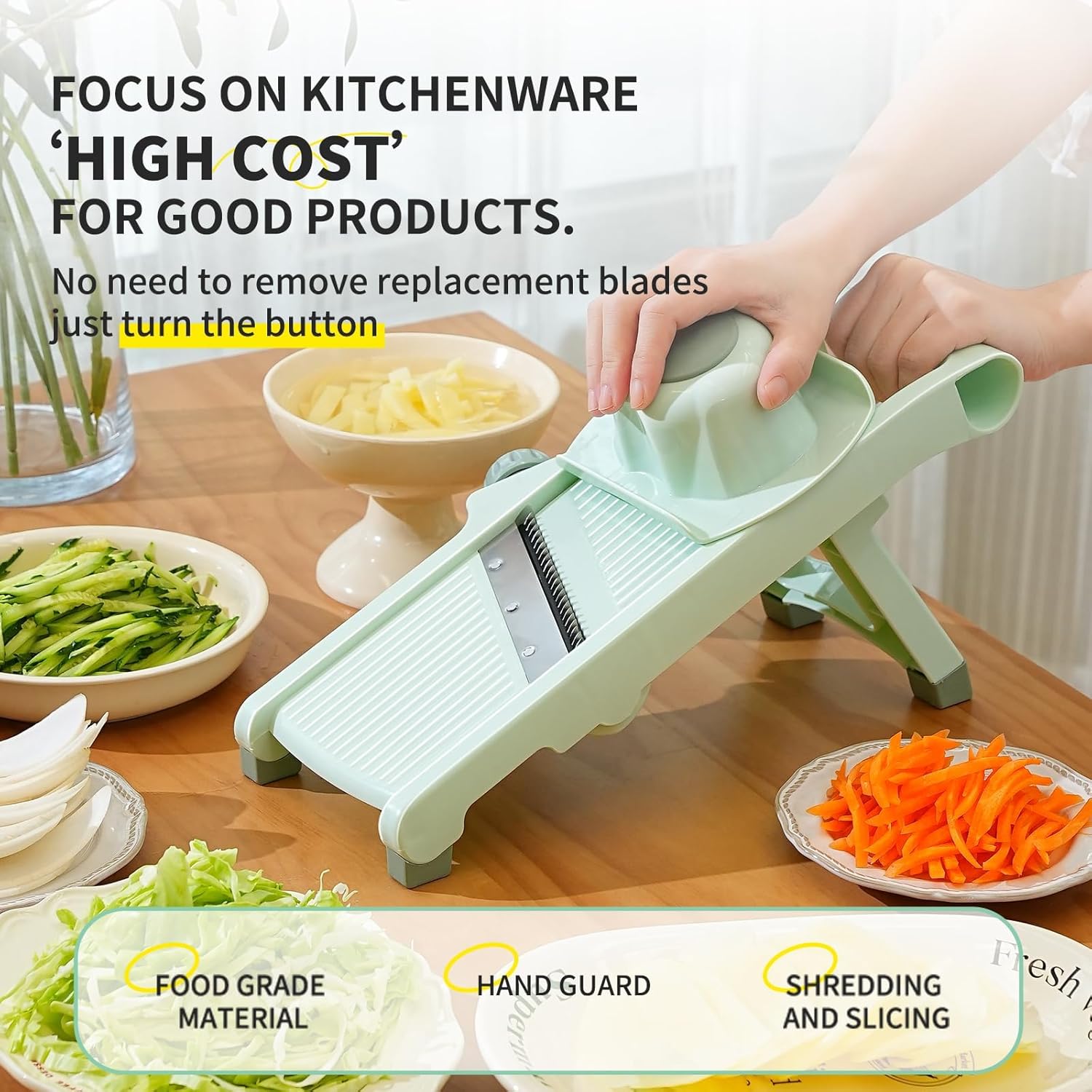 Adjustable Mandoline Slicer with Container, Kitchen Vegetable Grater and Julienne Tool, Mint Green