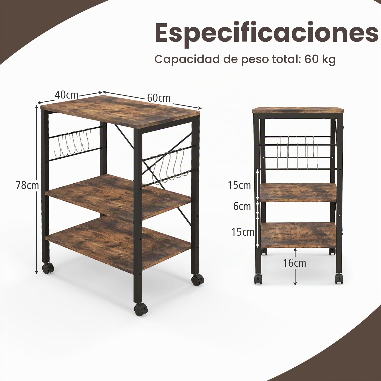 KOMFOTTEU Carrito de Cocina de 3 Niveles con Ruedas, Carro de Servicio con Estantes Ajustables, Carro Auxiliar con 10 Ganchos en S, Estantería para Microondas con Marco de Metal (Marrón)