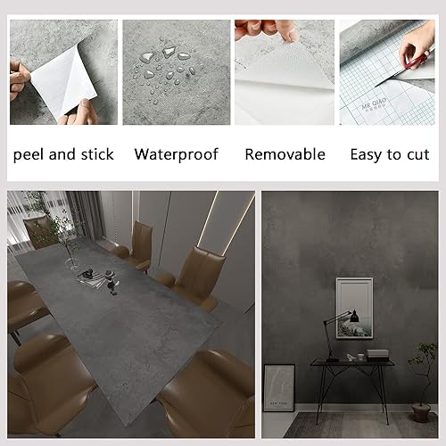 Miniatura 8 de Papel tapiz de hormigón gris oscuro de 16 x 708 pulgadas, papel de contacto para despegar y pegar, papel tapiz de cemento sintético grueso, textura