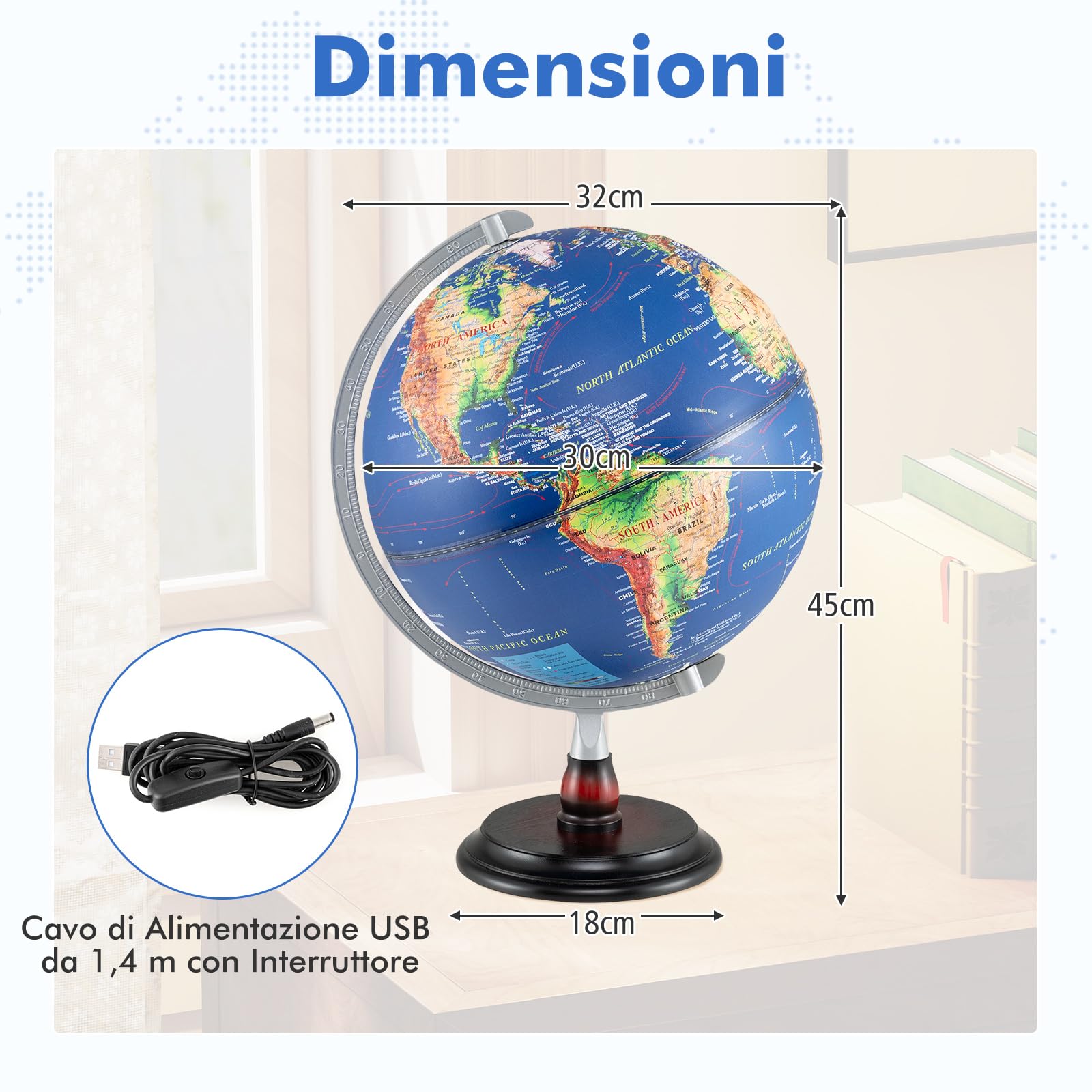 COSTWAY Mappamondo 30 cm con Luce, in l’Inglese