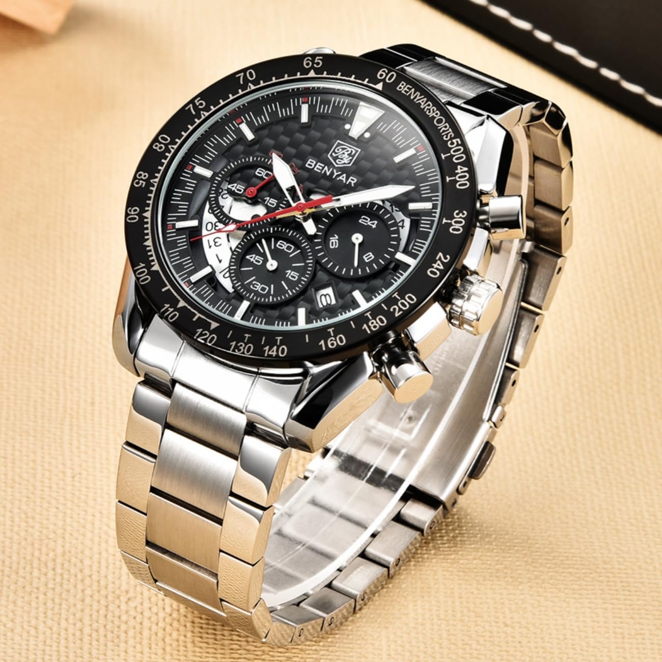 BY BENYAR Mens Watches Sports Stylish Analog Quartz Chronograph Watch Date Waterproof 3ATM Business Leather Strap Wrist Watches for Men