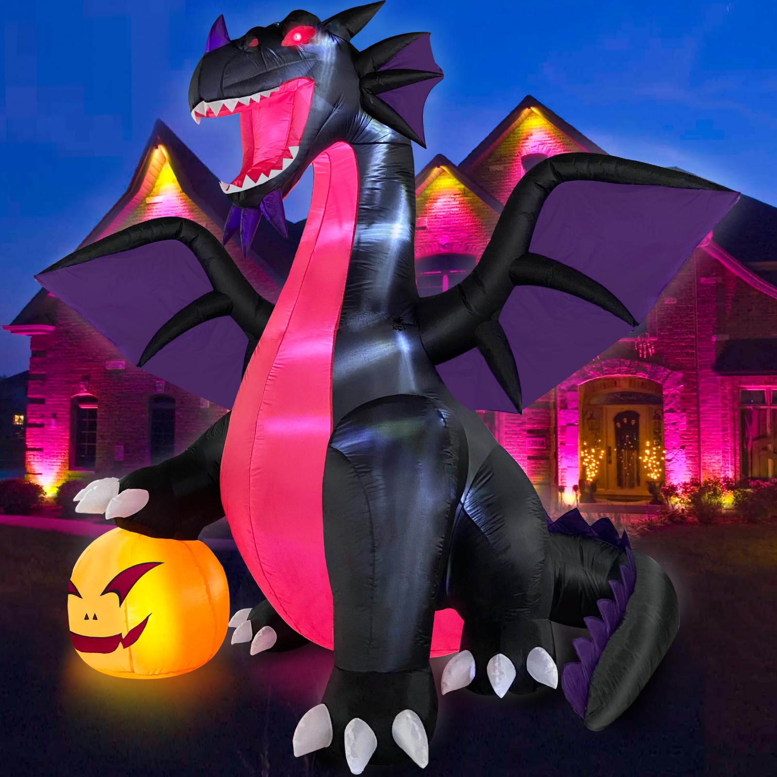 Danxilu 2,7m XXL Halloween Aufblasbar Drache auf Kürbis Outdoor Deko | Aufblasbare Figuren Dekoration mit LED-Beleuchtung für Garten Draußen Rasen Party Vorgarten