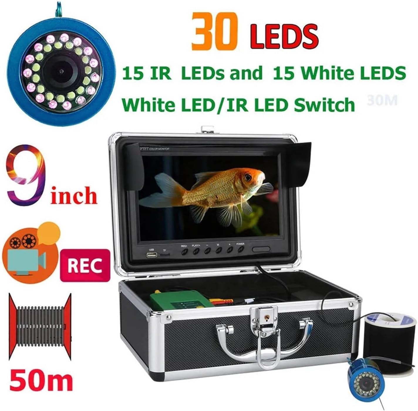 9" Inch DVR Recorder 1000TVL Fish Finder Underwater Fishing Camera 15pcs White LEDs + 15pcs Infrared Lamp for Ice/Sea/River(9in 50M with DVR)