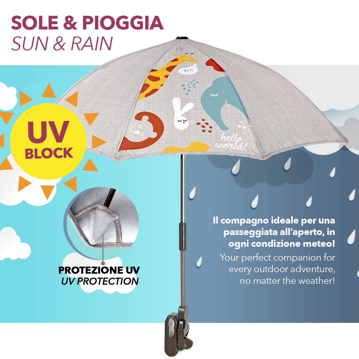 PERLETTI Uniwersalna Parasolka Przeciwsłoneczna do Wózka Anti-UV 50+ - Parasol Słońce Deszcz dla Niemowląt Dzieci ze Zwierzętami - Mini Parasolka Ręczna do Wózka Dziecięcego - Średnica 70 cm (Beżowy)