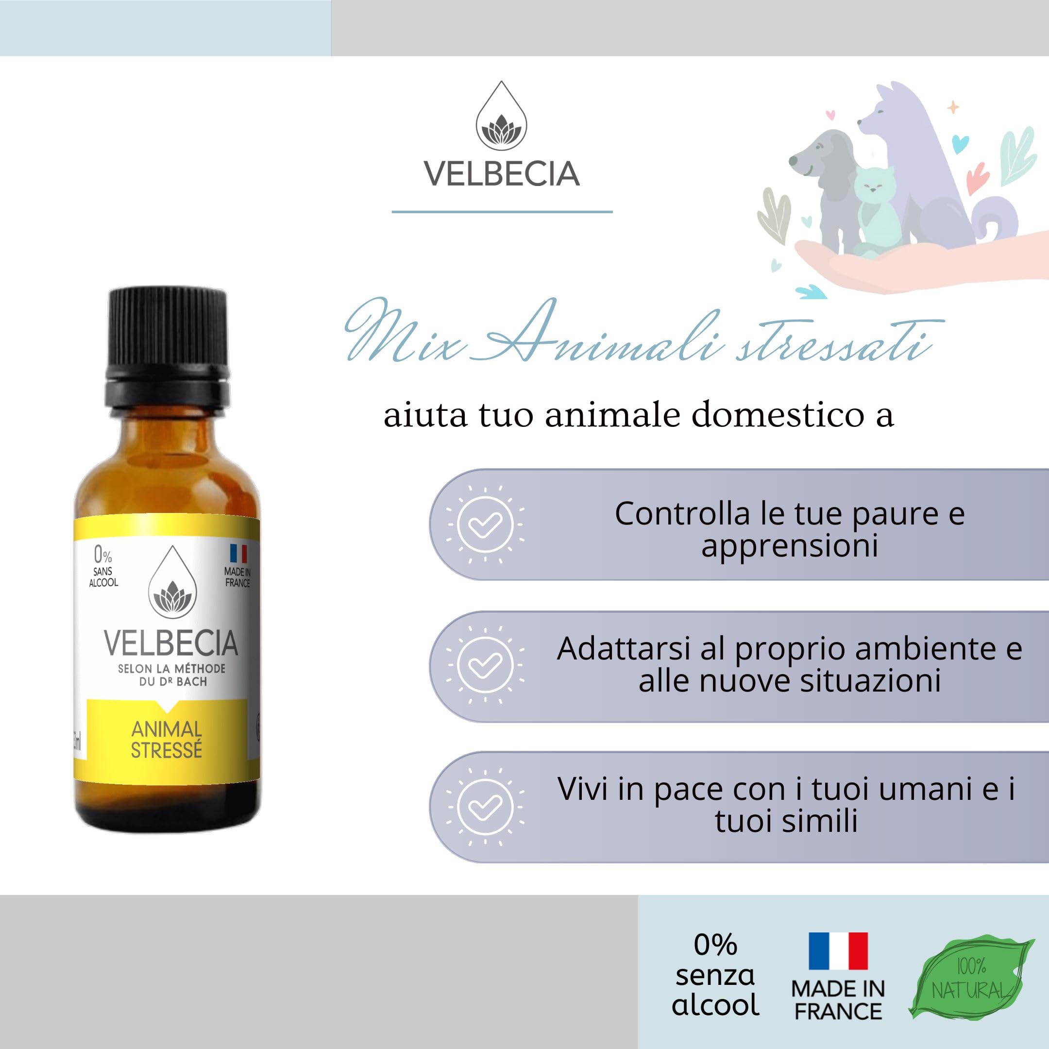 Velbecia® - Fiori Dr Bach Stressato animale 30 ml +1 GRATIS - SENZA ALCOL - Lenisce e calma il tuo animale