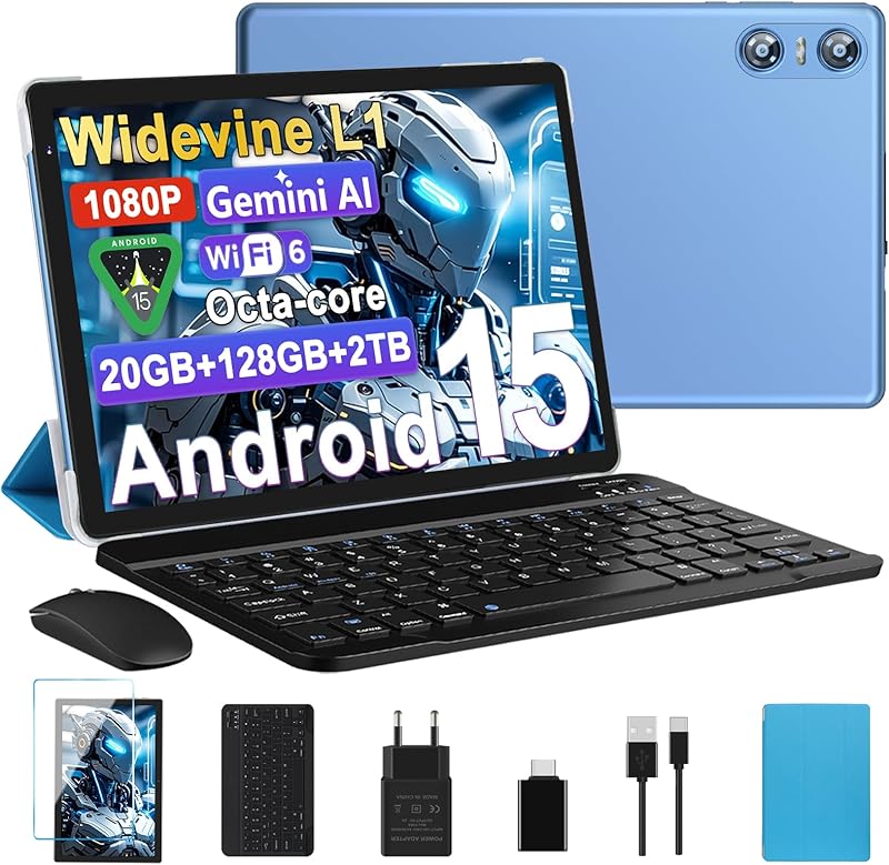 Tablette Android 15 Tablette 10 Pouces 20Go RAM + 128Go ROM(2To Extensible), Octa-Core, GMS Tablette Tactile, WiFi 6, 5G Wi-FI, Widevine L1, 6000mAh, GPS, Tablettes avec Clavier+Souris et Cas-Bleu