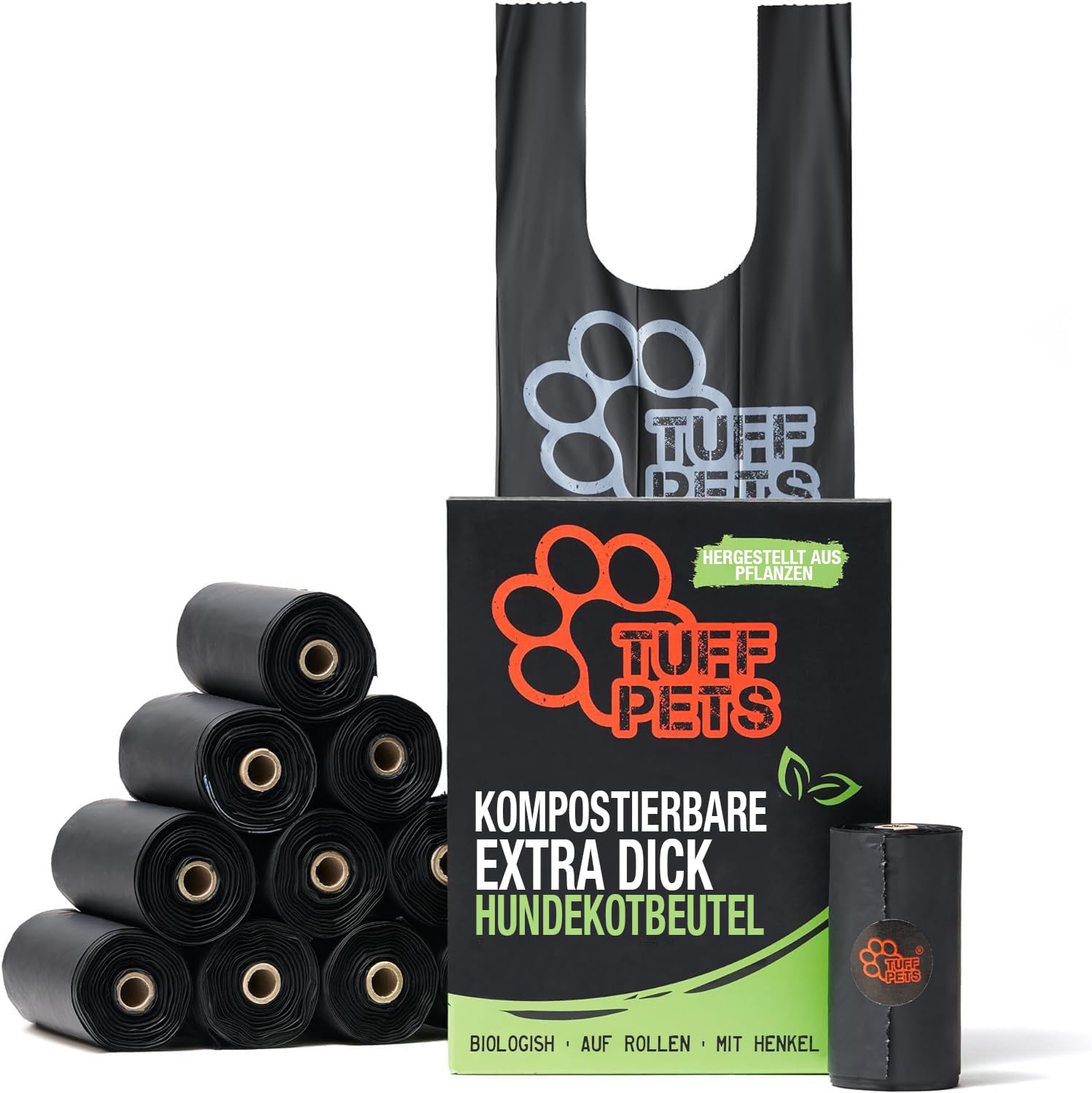 Tuff Pets kompostierbare Hundekotbeutel auf Rollen - 50% dickere, pflanzliche, Hundekotbeutel biologisch abbaubar - Kotbeutel kompostierbar zertifiziert - mit Griffen - 12 Rollen - 120 Beutel