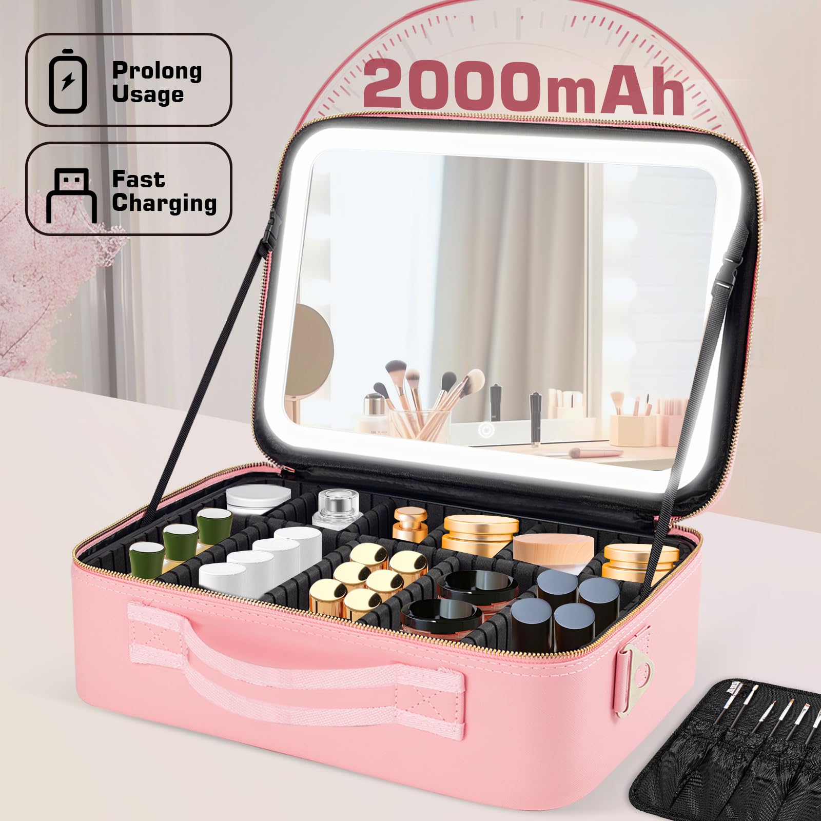 Large Makeup Bag with LED Mirror, Adjustable Dividers and Travel Straps