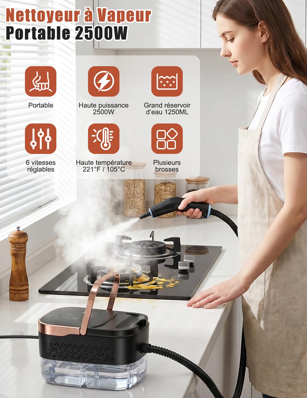Nettoyeur à Vapeur, 2500W Nettoyeur à Vapeur Manuel Polyvalent avec 6 Vitesses Réglables et 8 Types de Buses, 1250ML Portable Haute Pression pour Maison et Voiture