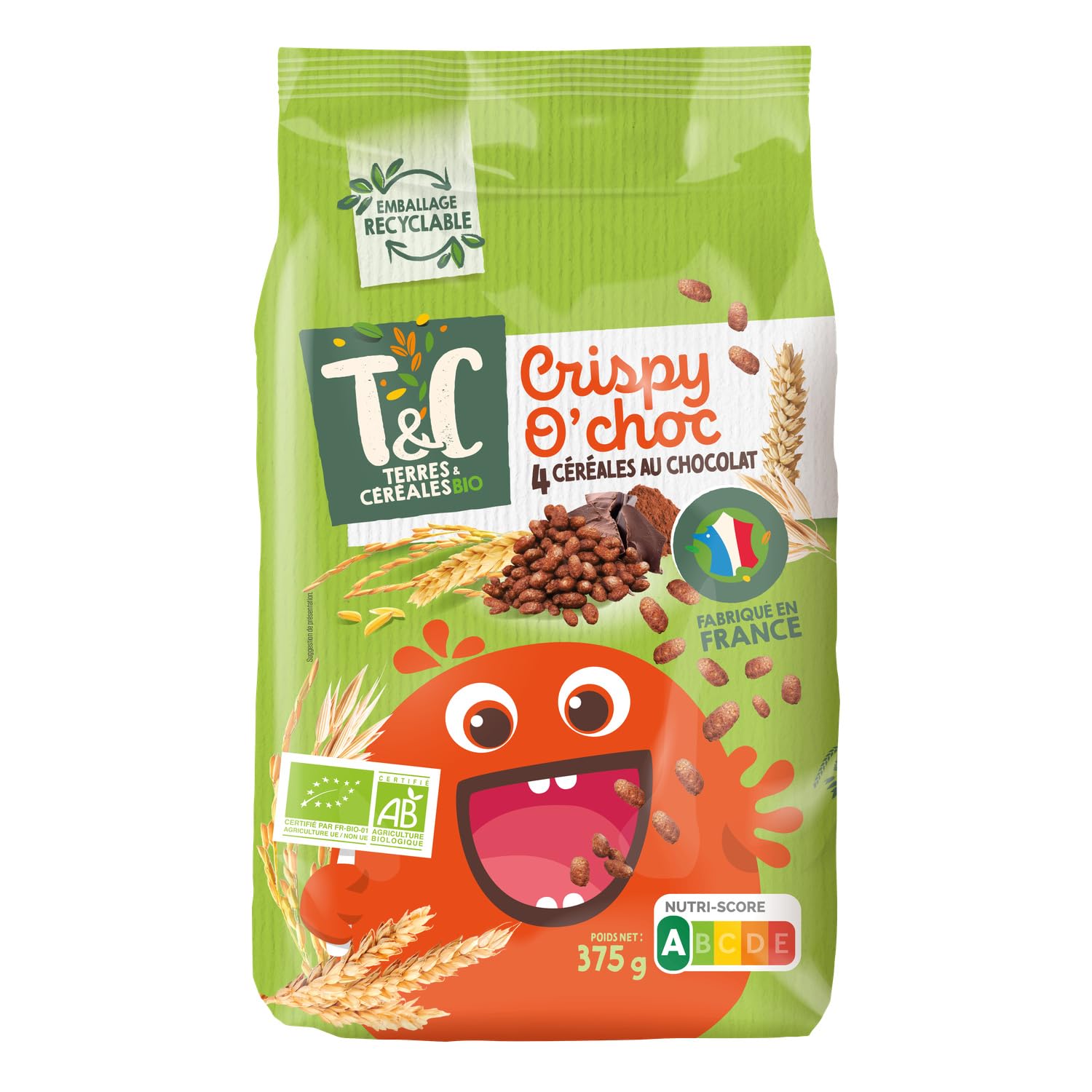 TERRES & CEREALES BIO Céréales Crispy O'choc 4 Céréales au Chocolat Bio 375g - Lot de 3