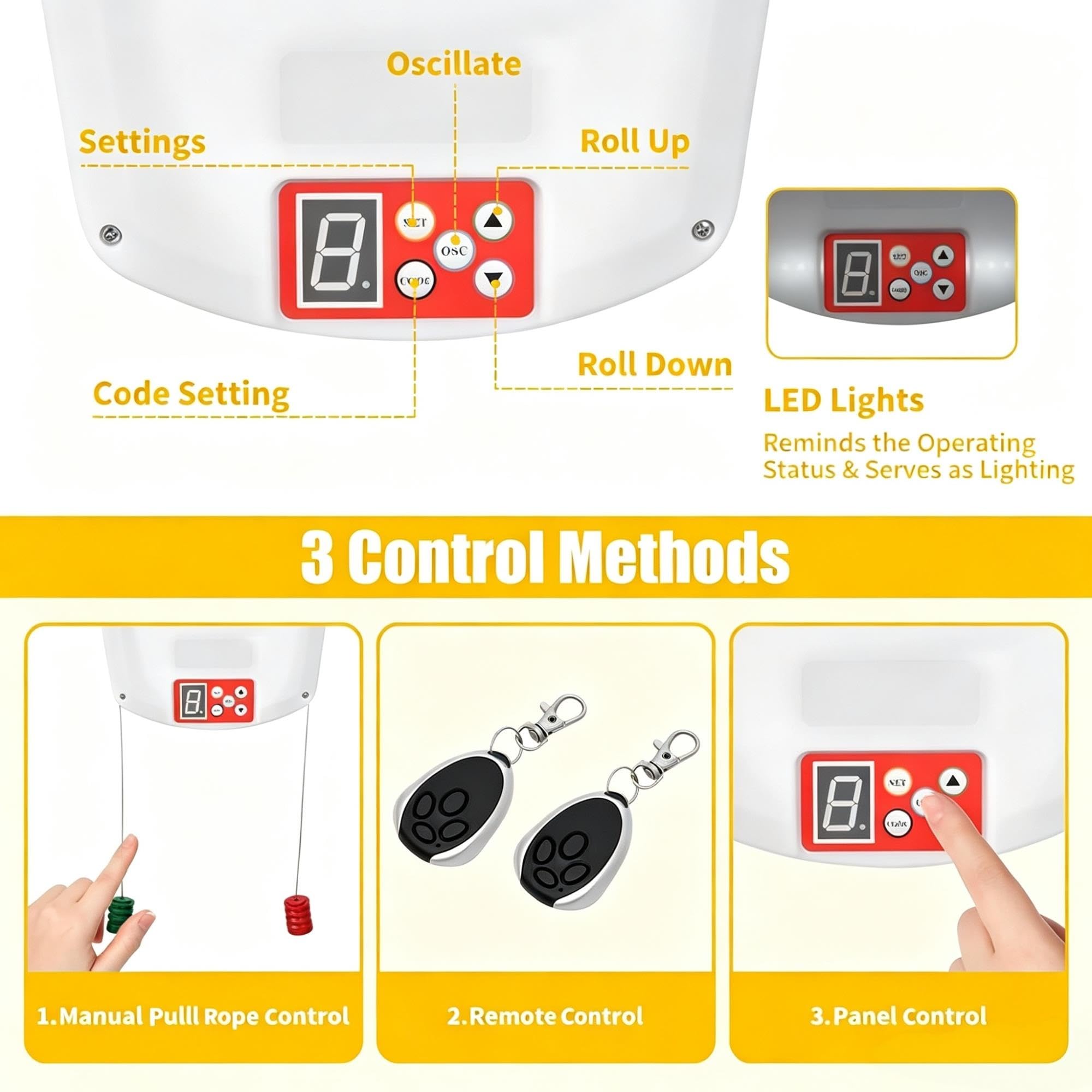 Moteur de Porte de Garage Enroulable, Ouvre-Porte Automatique 800N avec 2 Télécommandes et Éclairage LED, Moteur de Rideau Roulant 100W, pour Garage, Magasin, Entrepôt et Ferme