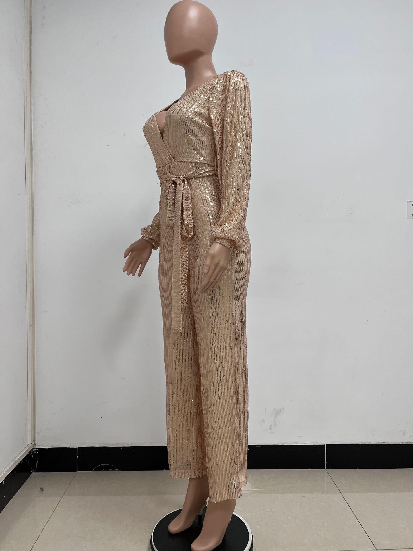 Vrouwen Elegante Formele Glitter Pailletten Jumpsuits Sexy Diepe V-hals Lange Mouw Taille Zelfbindende Wijde Pijpen Lange Broek Rompertjes (Color : White, Size : 3XL