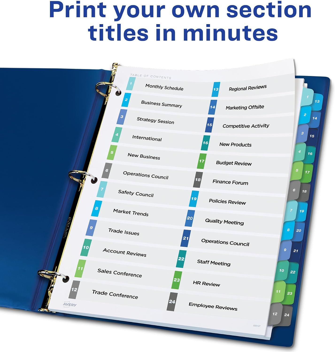 Avery Double Column 24 Tab Dividers for 3 Ring Binders, Customizable Table of Contents, Multicolor Tabs, 1 Set (11321)