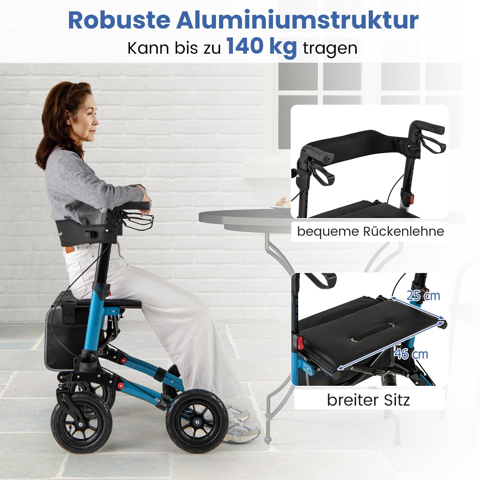 COSTWAY Rollator mit Luftbereifung, faltbar und leicht mit Sitz, Aluminium, bis 140 kg, 2 in 1 Rollstuhl & Reiserollator, Gehhilfe 7-fach höhenverstellbar, Gehwagen mit Tasche & Stockhalter (Blau)