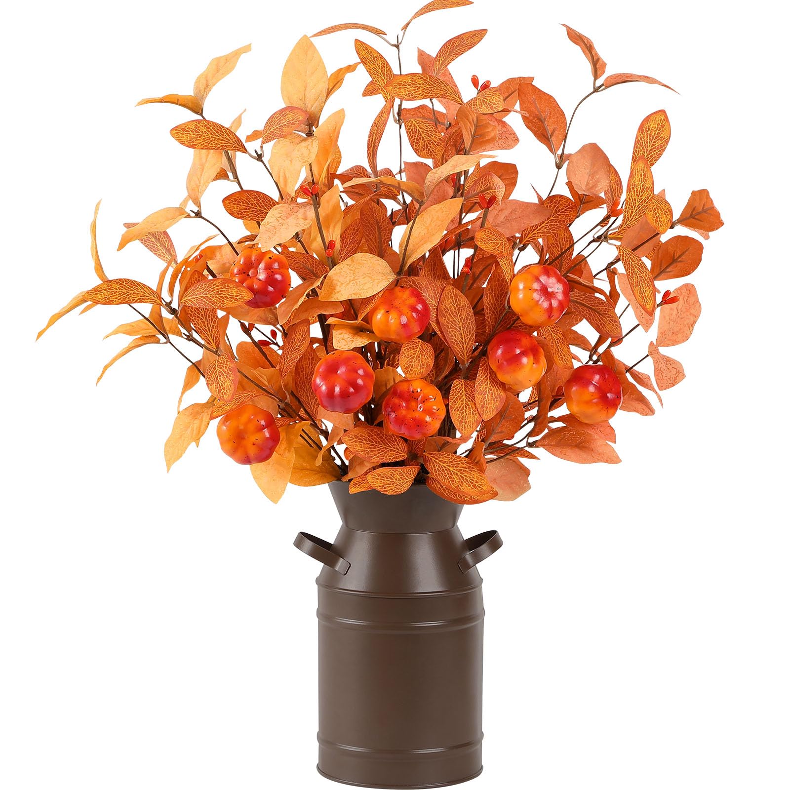 Serwalin Artificial Fall Eucalyptus Stems with Metal Pot, Fall Floral Arrangements, Fall Leaves in Vase Thanksgiving Hallowmas Pumpkin Table Centerpiece Harvest Home Decor