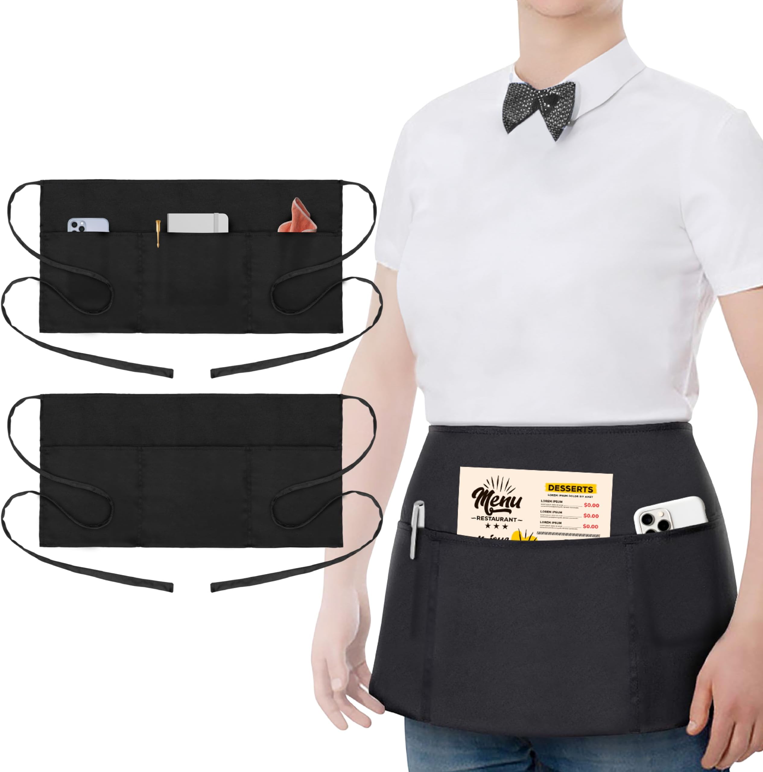 2 Pack Waitress Apron with 3 Pockets - Water & Oil Resistant - Black Waist Aprons for Servers - Half Aprons for Women - 12 Inch