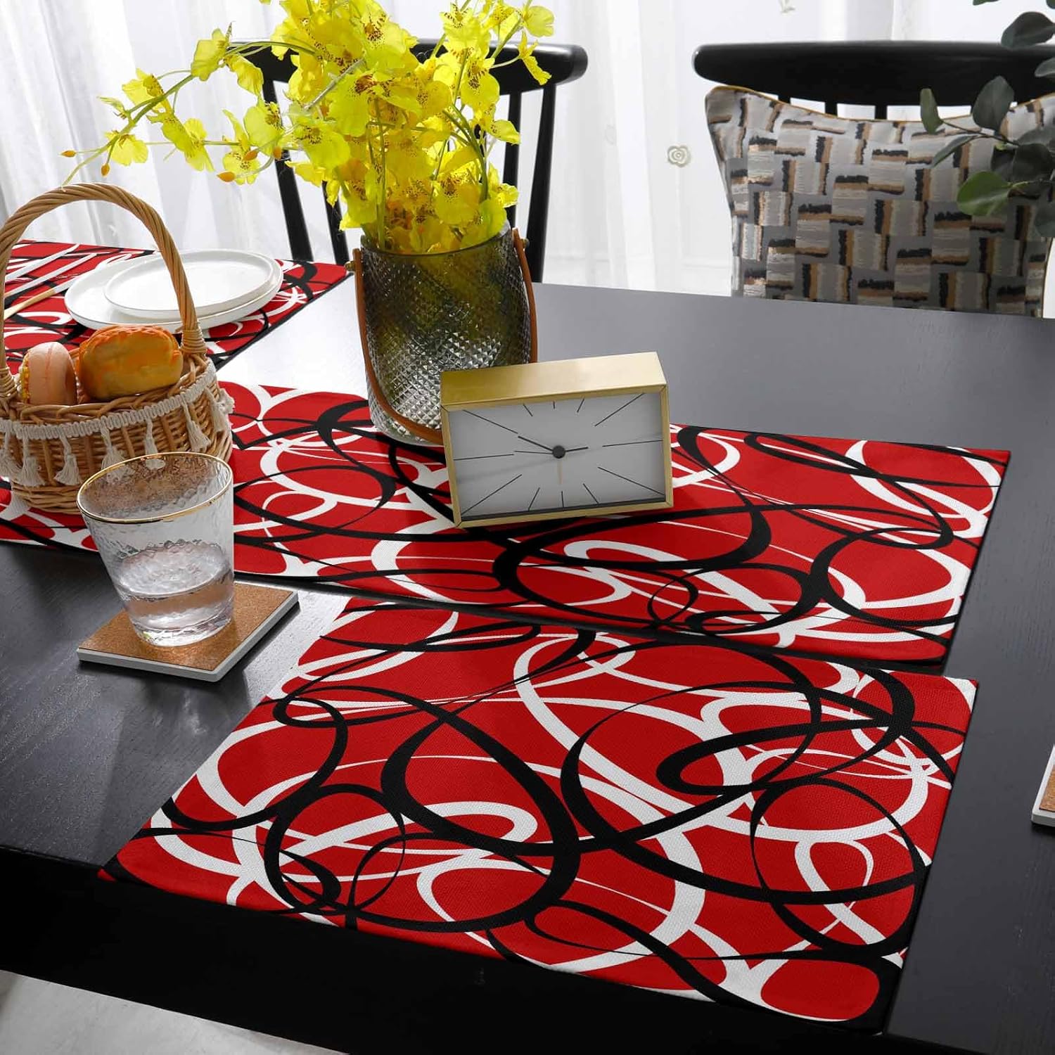 Red Black White Placemats Set of 4 with 90 Inches Long Table Runners, Cotton Linen Dining Table Runner Mats, Burlap Kitchen Tablerunner and Placemat Set Abstract Minimalist Geometric Stripes