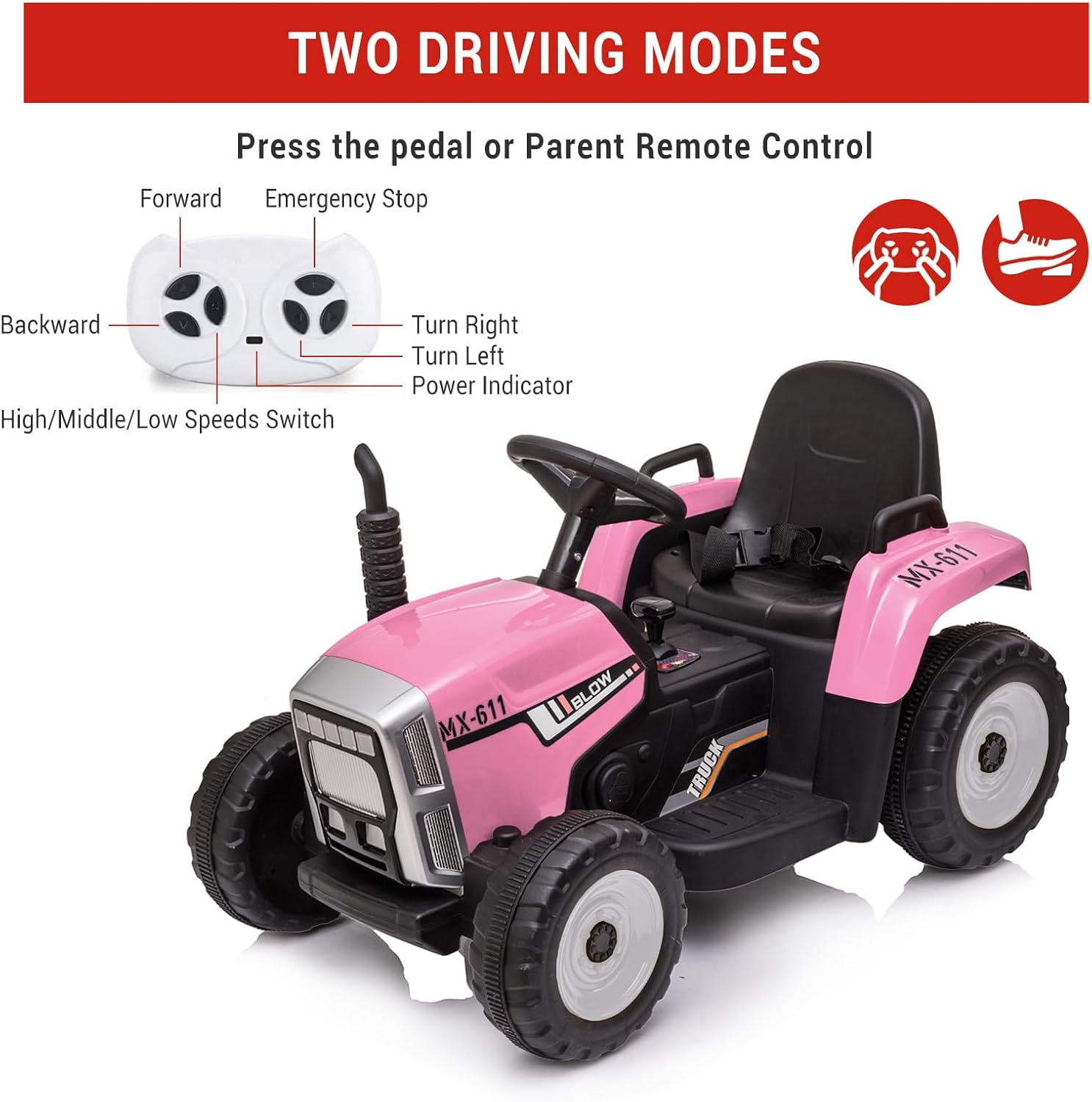 Garvee 12V Kids Ride on Tractor with Trailer & Remote Control, Speed Up to 5 Mph, Toddler Electric Vehicle Car with Headlights,2+1 Gear Shift, Music, USB for 3-6 Years Children