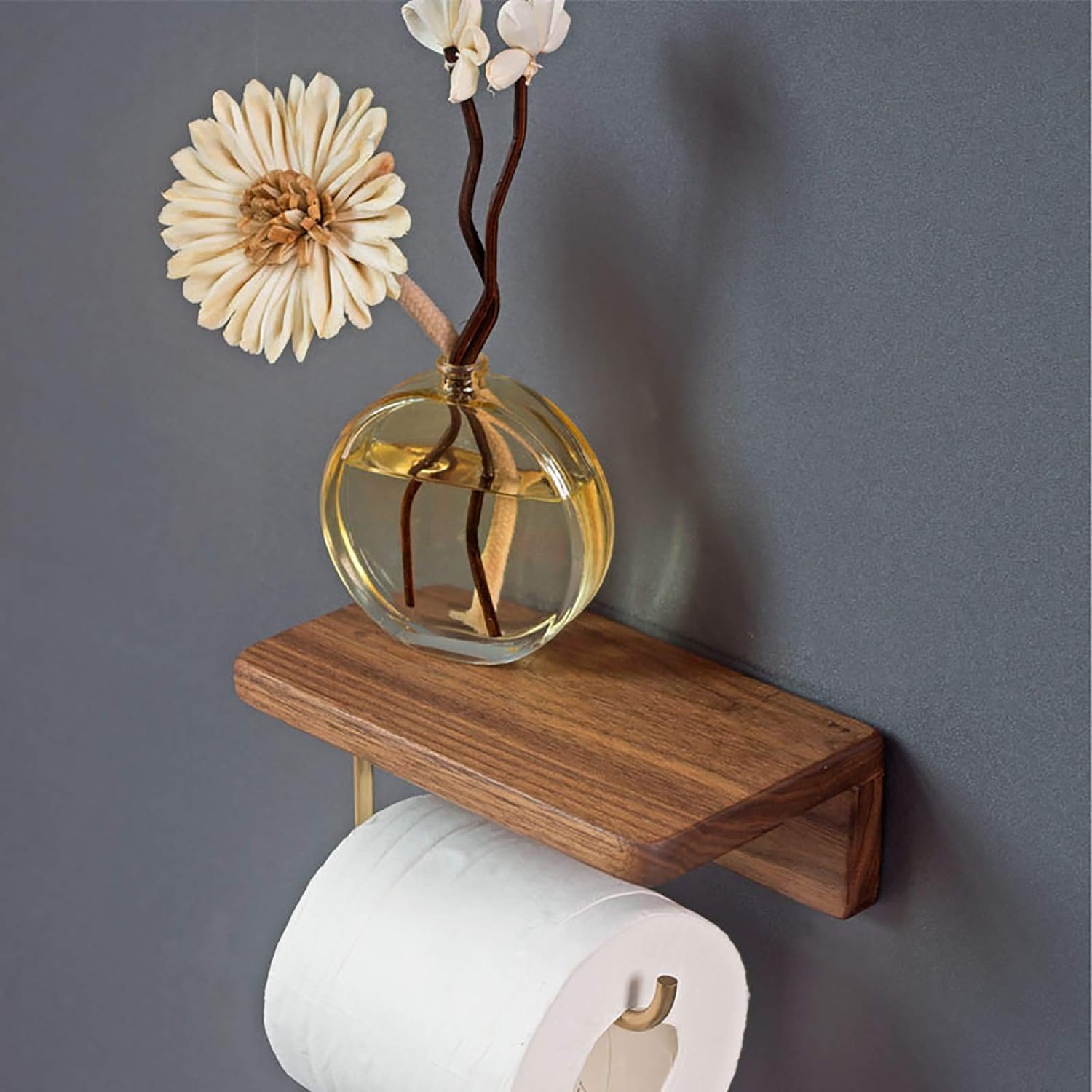 Portarrollos de papel higiénico adhesivo de nogal negro para montaje en pared, sin perforaciones, latón para baño y cocina