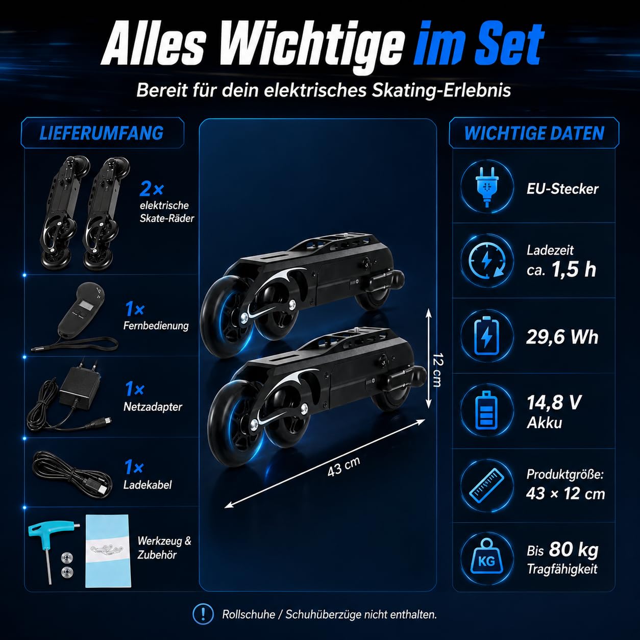 Skate-Räder E-Skateboard-Rad Elektrisch Rollschuh-Rad Mit Fernsteuerung für Schlittschuhe auf dem Markt. Ideal zum Skaten, für Partys, Discos, Tänze und Geburtstage.