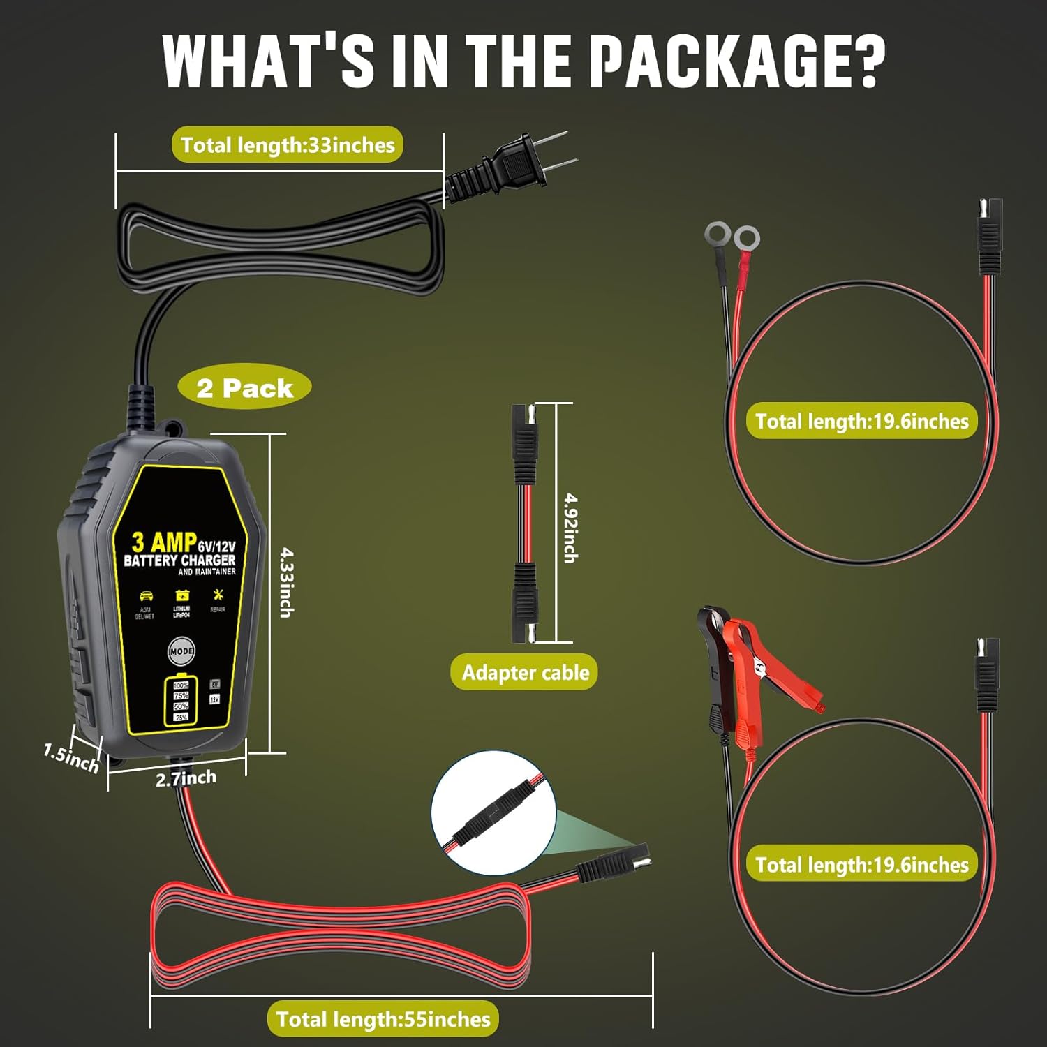 2 Packs 3 Amp Smart Battery Charger, 6V/12V Battery Charger, Trickle Charger, Fully Automatic and Maintainer for Car, Motorcycle, Lawn Mower, Lead-Acid, Lithium, LiFePo4 Battery