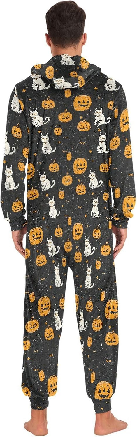 Pumpkin Black White Cat Zipper Hooded Adult Jumpsuit Pajamas with Pockets XS-3XL