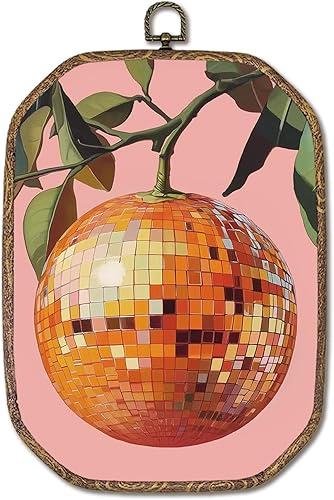 Miniatura 9 de Arte de pared ovalado de bola de discoteca naranja funky con marco, decoración de pared ovalada retro y moderna, impresiones en lienzo colgantes