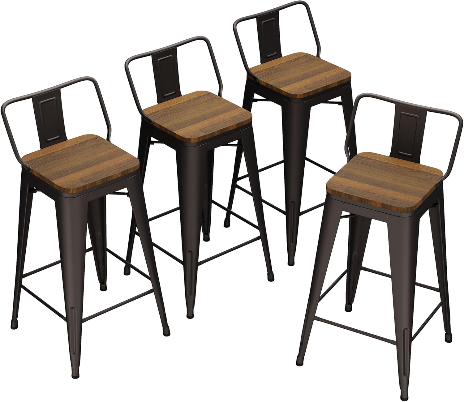 Bar Stools Counter Height Stools Industrial Style Metal Barstools with Backrests and Wooden Seats Set of 4 (26 Inch, Rusty with Wooden Seats)