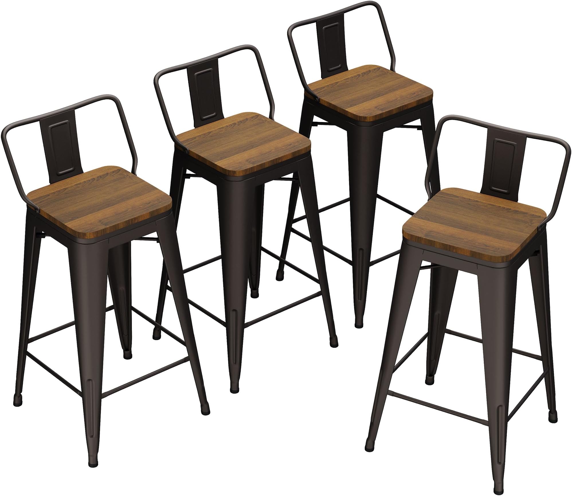 Bar Stools Counter Height Stools Industrial Style Metal Barstools with Backrests and Wooden Seats Set of 4 (26 Inch, Rusty with Wooden Seats)