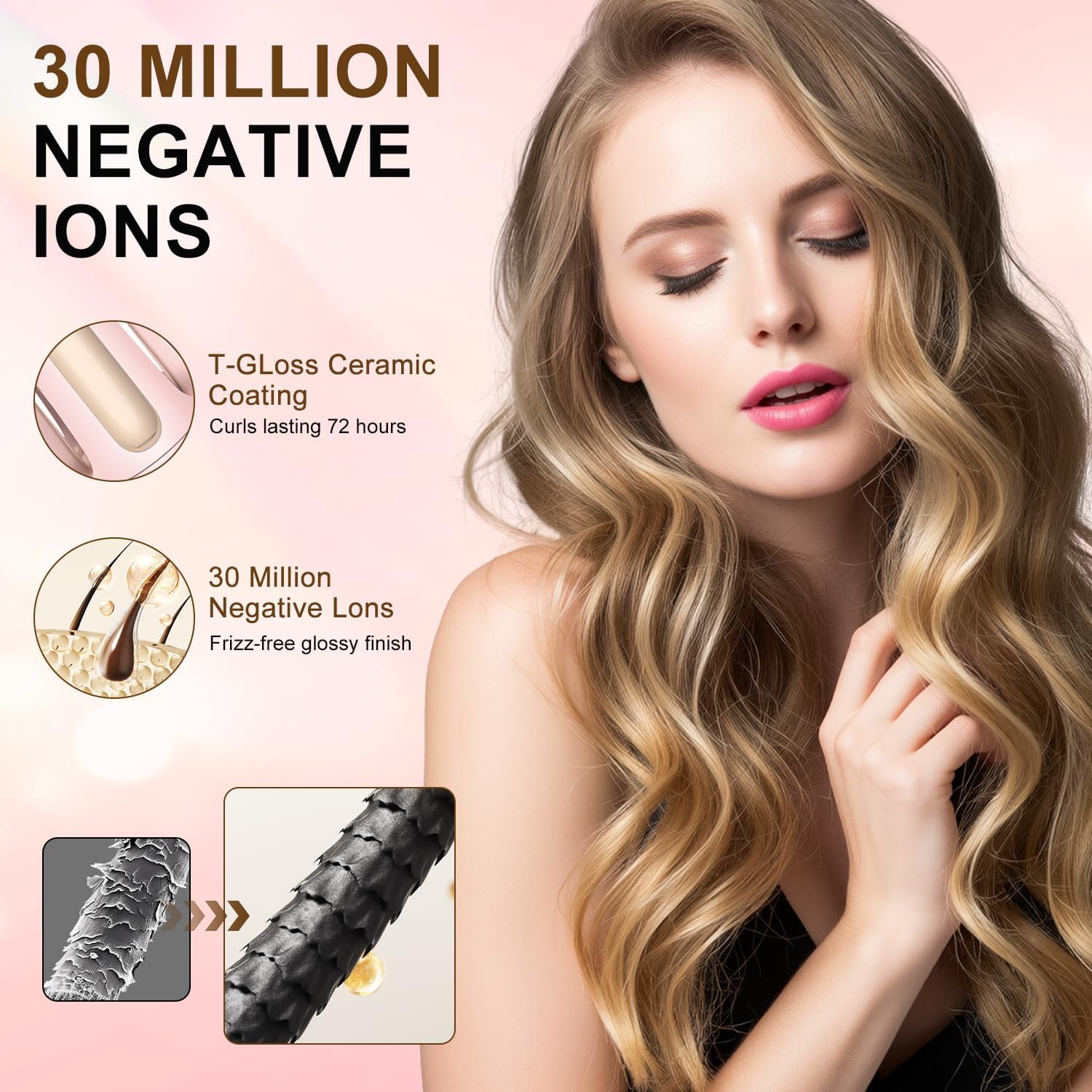 Automatic Curling Iron Beach Waves Curling Wand, Portable Hair Curler3 Temperatures Fast Heating, 2-Way Rotation, Anti-Scald, Anti-Tangle Rotating 30 Million Ionic Ceramic Coating (Pink)