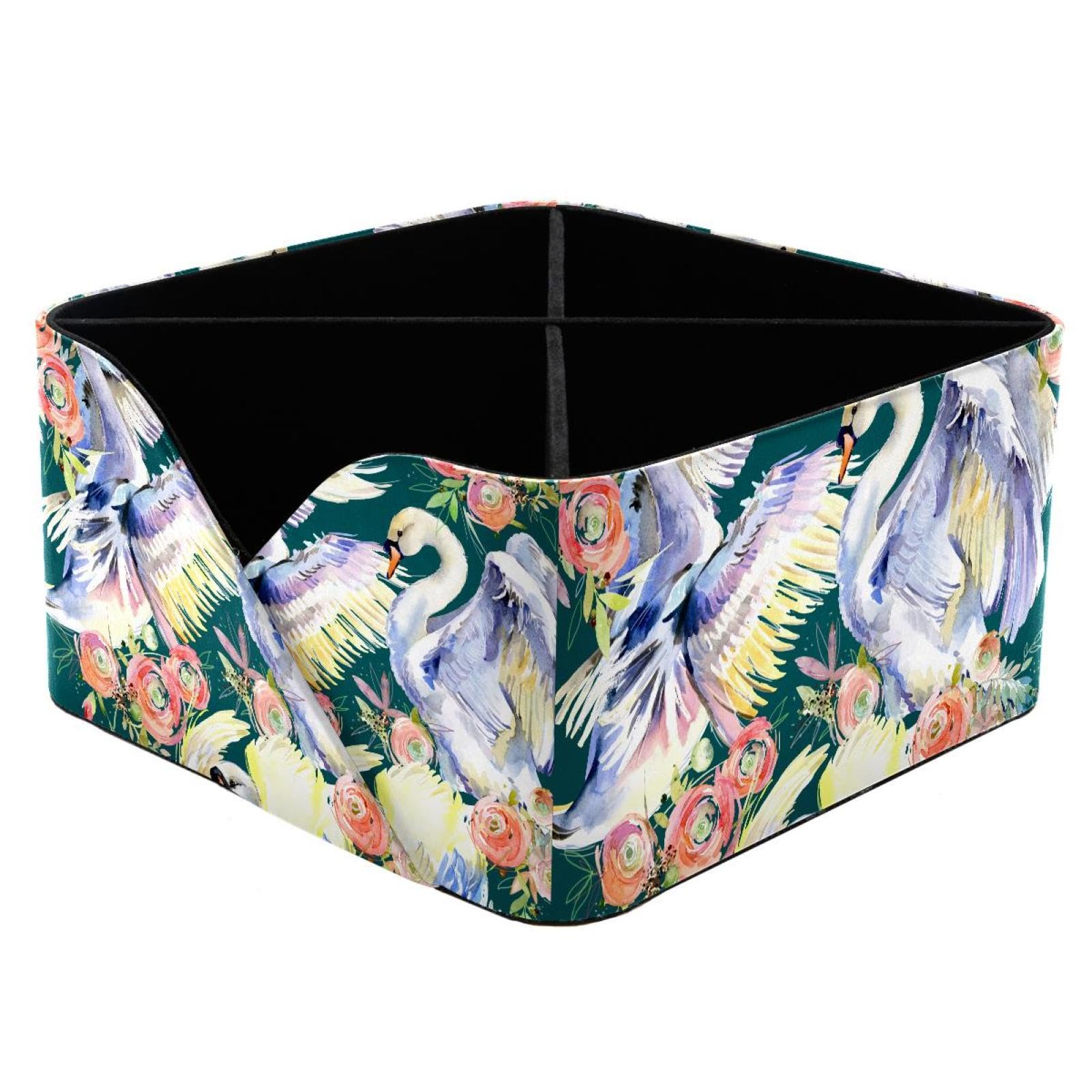 KengjuTesu Swans and Roses Romantic Pattern Desktop Organizer Pen Holder, Rectangular Pencil Cup for Office, Study and Makeup Stations