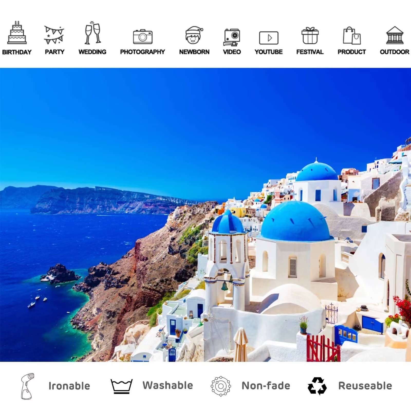 10x8ft Toile de Fond en Tissu pour Photo de Grèce, île de Santorin, Village d'Oia, Fond de Photographie pour bannière de fête sur Le thème de la Grèce, décoration d'anniversaire Mamma Mia