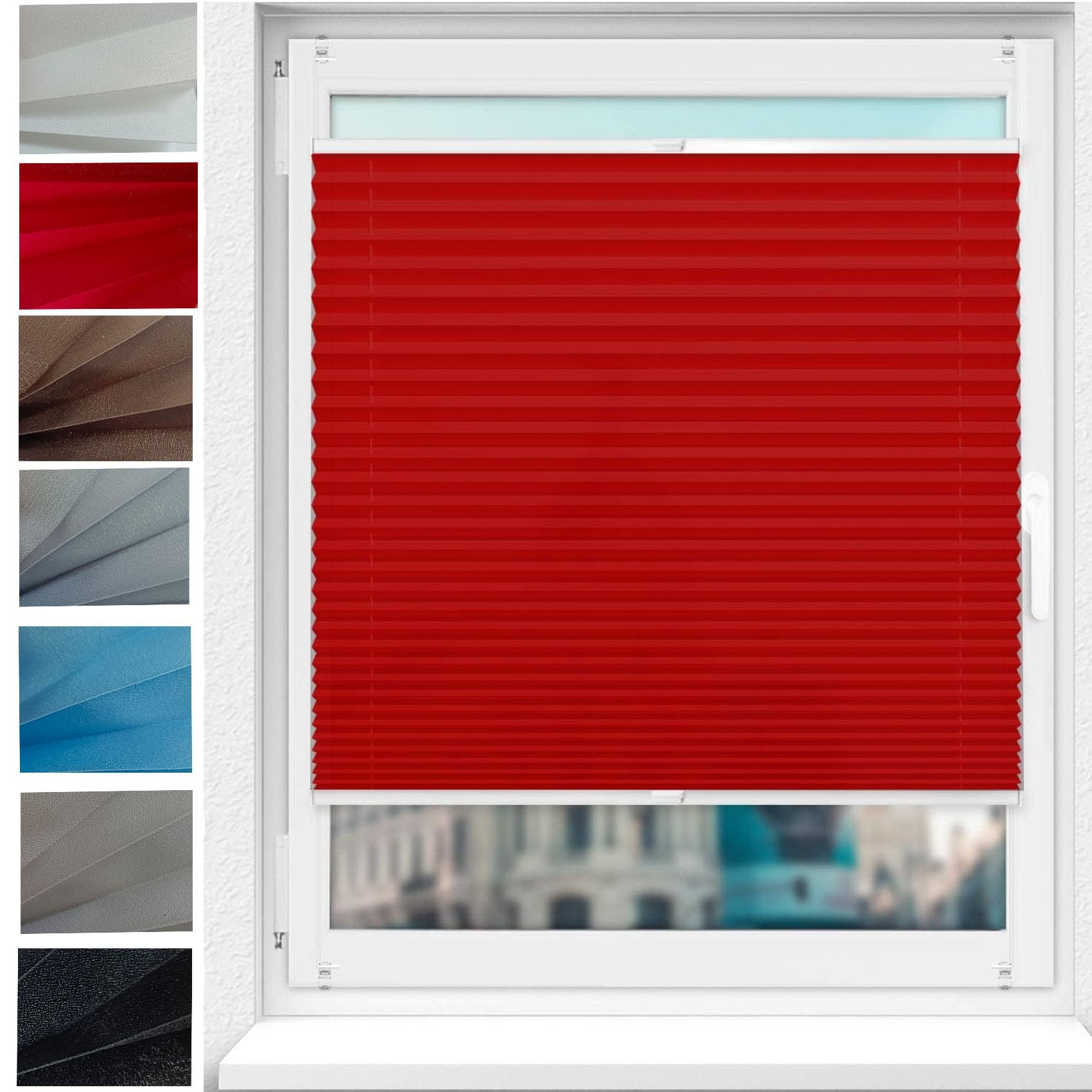 Pleated Blinds pleated blind, 30 x 60 cm Instant Stick on Easy to Install Blinds No Drill Blinds with White Guide Rail for Bedroom,Kitchen,Bathroom, Red