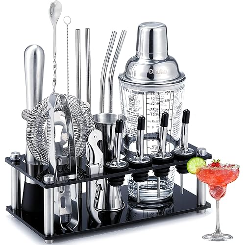 Cocktail Shaker Set Ohuhu 17-Piece Bartender Kit Bar Tool Set with Acrylic Stand Premium Soda-Lime Glass Drink Shaker with All Bar Accessories for Beginners Home Bar Parties