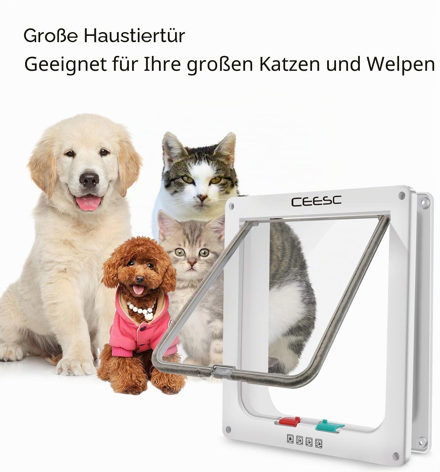 Große Katzenklappe (Außen Größe 28 x 24.9 cm), 4 Wege Verriegelung große Katzentür, Wetterfeste Katzentür für Haustiere mit Einem Umfang <63 cm