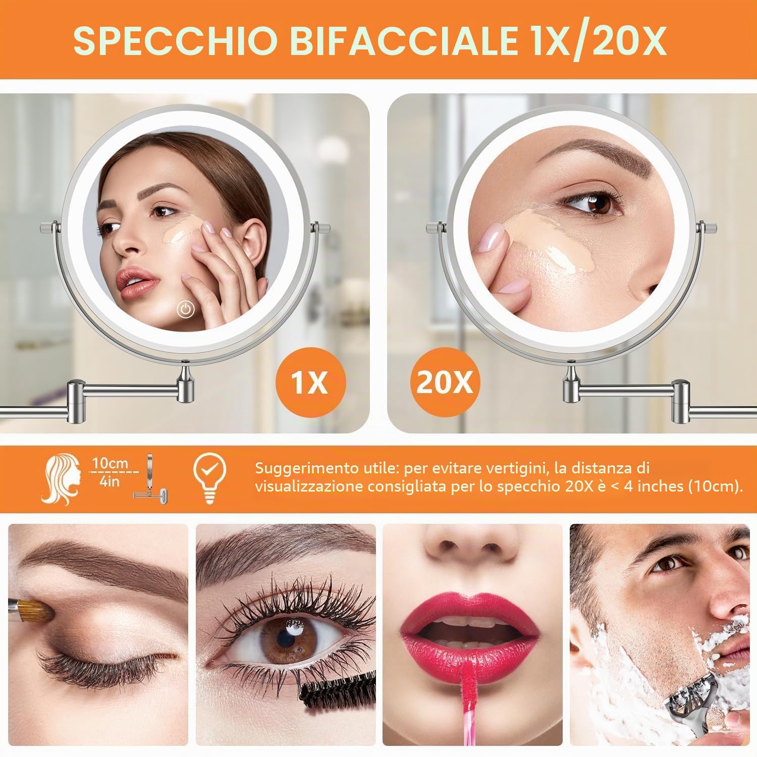 Auxmir Specchio Trucco con Ingrandimento 30X/1X, Specchio da Parete a 54 LED 3 Colori di Luce, Specchio Estensibile, Rotazione a 360°, Alimentato da Batterie Ricaricabile 3200mAh, per Bagno Hotel Spa