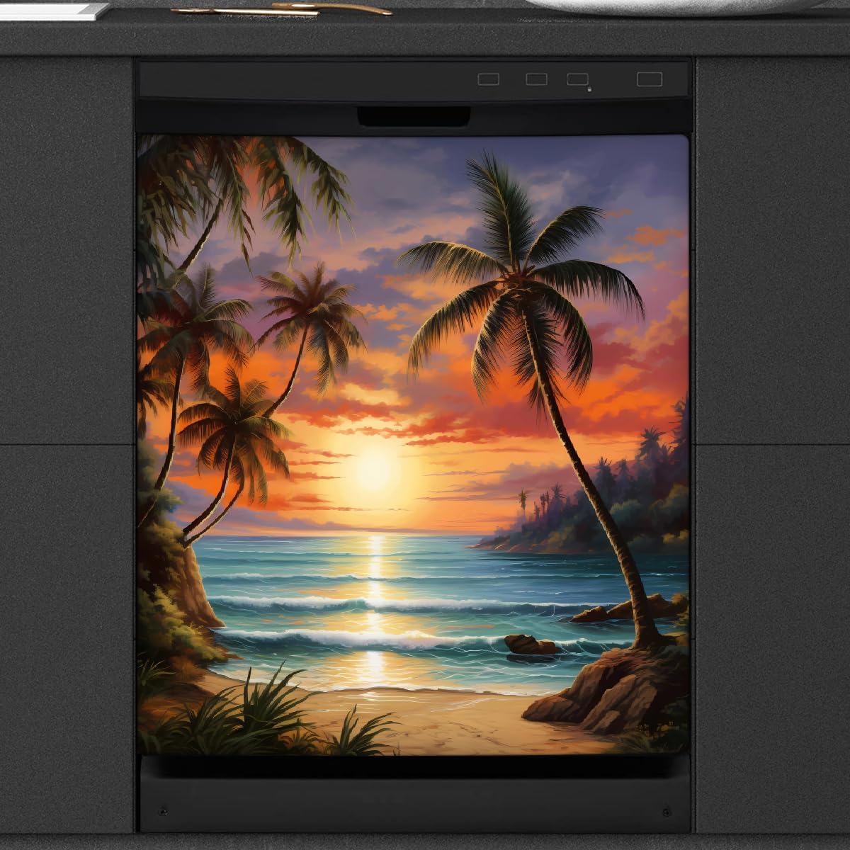 Dishwasher Magnet Cover Beach Sunset Tropical Palm Tree Reusable Dishwasher Magnetic Cover Sticker Decorative Dish Washer Door Cover Panel for Home Kitcen Appliance, 21x26 in